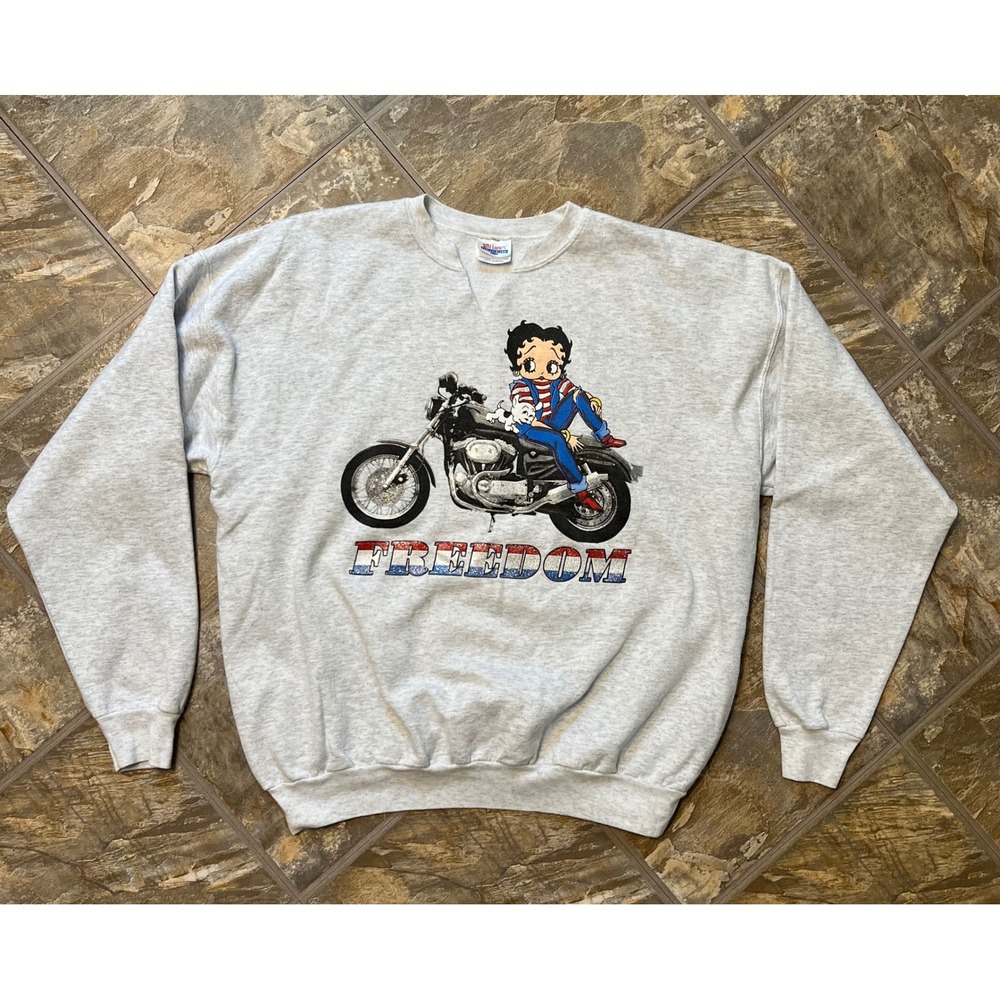 Hanes Betty Boop Sweatshirt Adult XL Grey Vintage Biker Freedom 90s Y2K